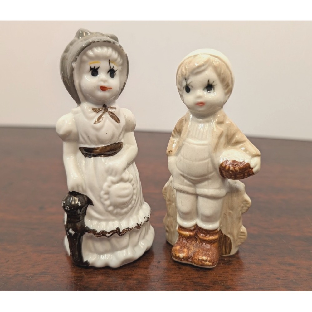 Vintage Ceramic Figurines Pair Victorian Woman Young Boy Japan Style 4"